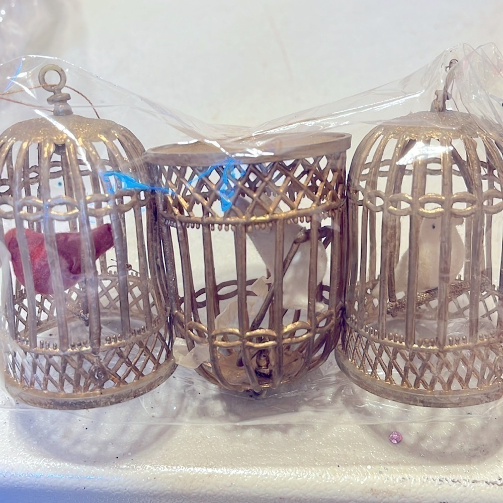 Double Glo MCM Flocked Dove Bird in gold Cage Ornaments VTG Set of 3